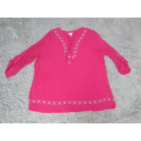 Cato Tops - Cato Womens‎ Shirt XL Long Sleeve Pink Casual Loose Fit Tie Neck Embroidered